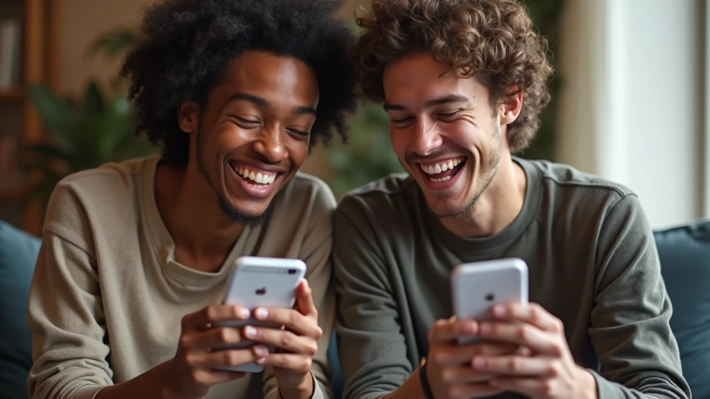 Young adults laughing together while looking at smartphones displaying meme content, casual indoor setting with natural lighting, genuine expressions of connection and humor