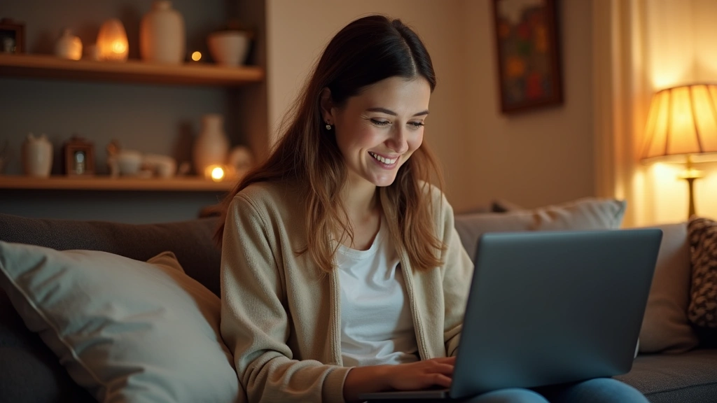 Person in comfortable home environment smiling while using laptop, surrounded by warm lighting and relaxed atmosphere, repres