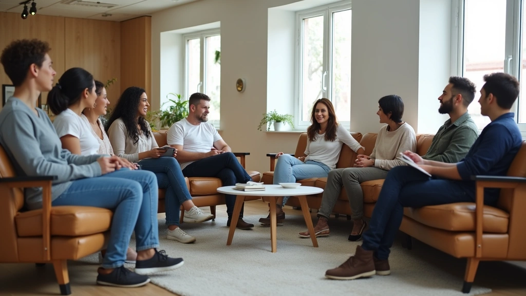 Diverse group of people in modern mental health clinic waiting room, warm welcoming environment with contemporary furniture, 