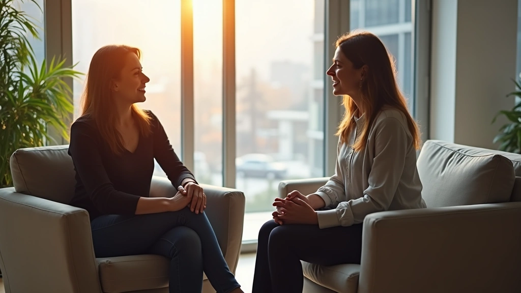 Professional therapy session in modern office, therapist and client in comfortable seating, natural lighting, warm emotional atmosphere, no text visible