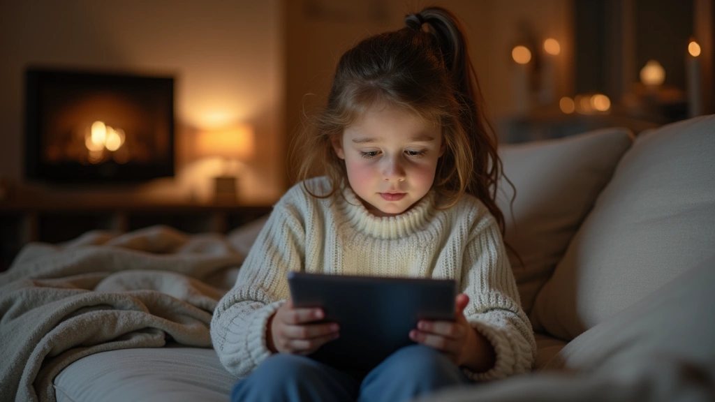 Young person watching film on tablet screen, peaceful home setting, cozy environment, natural daylight, thoughtful expression