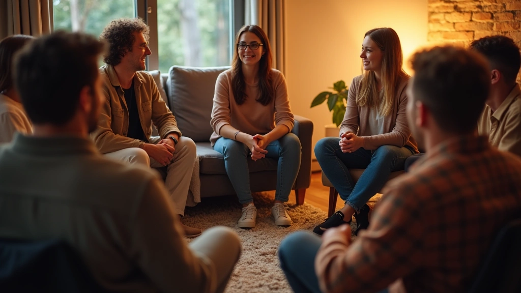 Group of diverse people in support group circle, authentic conversation, warm lighting, comfortable seating arrangement, genu