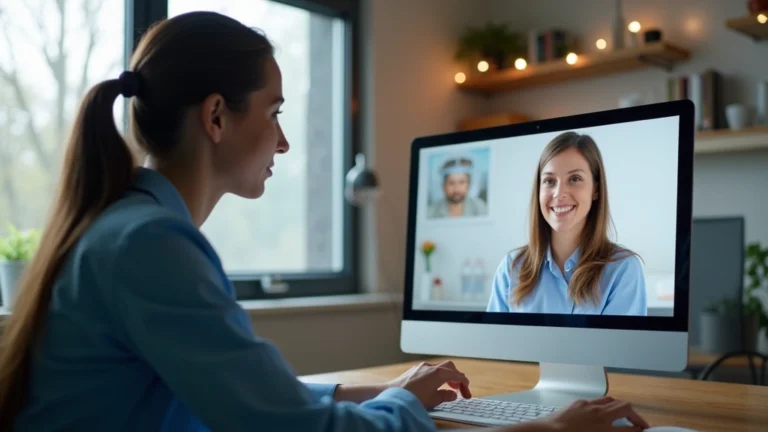 Professional therapist conducting online video consultation with patient in modern clinical office setting, computer screen visible, warm lighting, healthcare environment