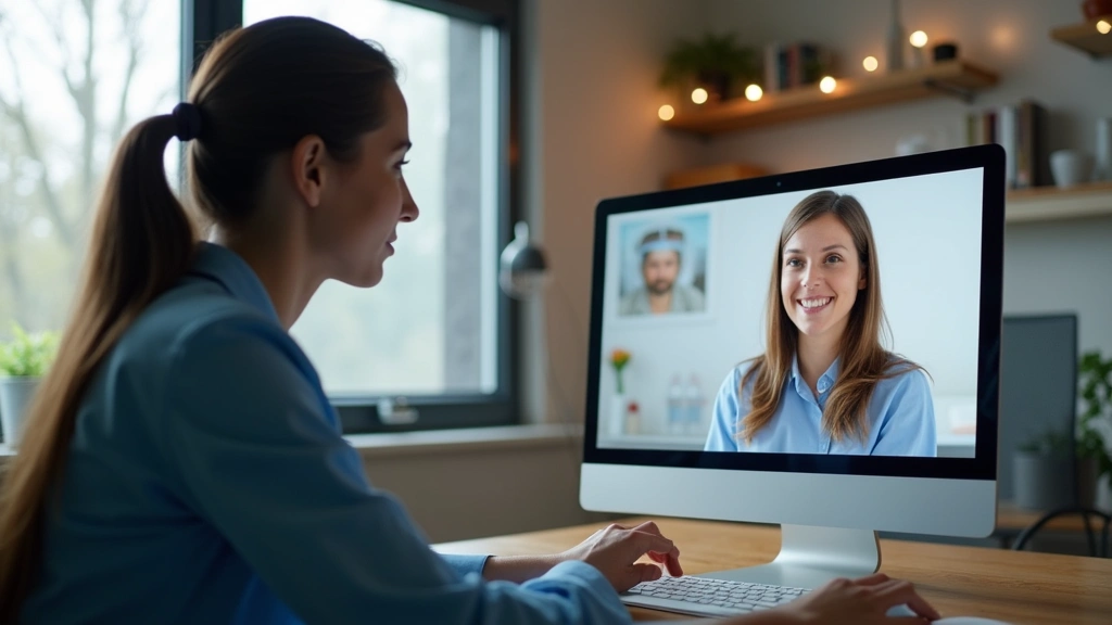 Professional therapist conducting online video consultation with patient in modern clinical office setting, computer screen visible, warm lighting, healthcare environment