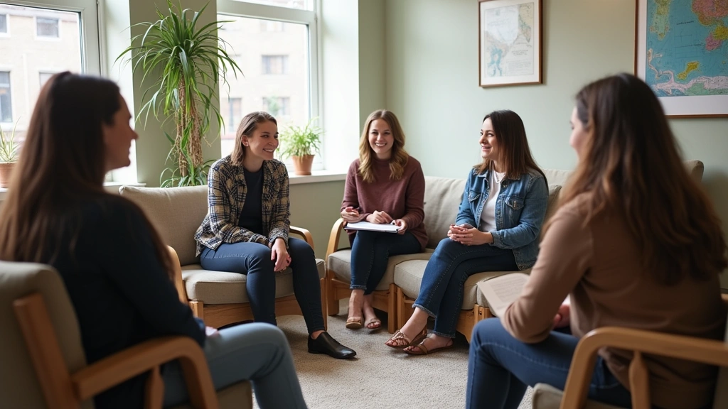 Diverse group of people sitting in supportive peer group circle in community mental health center, comfortable seating, welco