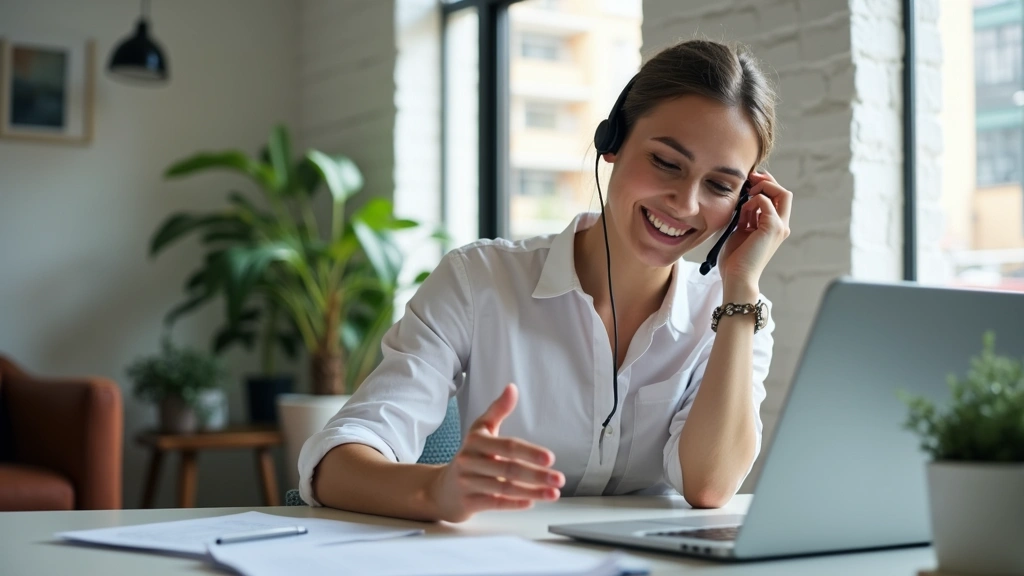 Mental health crisis counselor at desk with headset providing phone support, calm professional environment, modern office, he