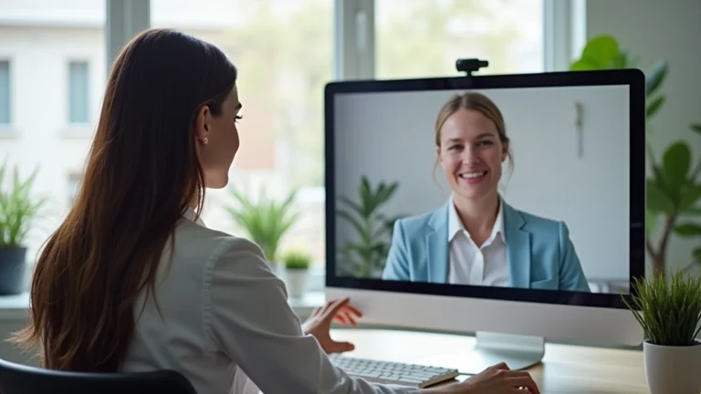 Professional therapist in modern office conducting video session with patient on computer screen, natural lighting, calm environment, no text visible