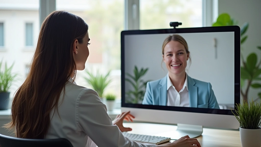 Professional therapist in modern office conducting video session with patient on computer screen, natural lighting, calm environment, no text visible