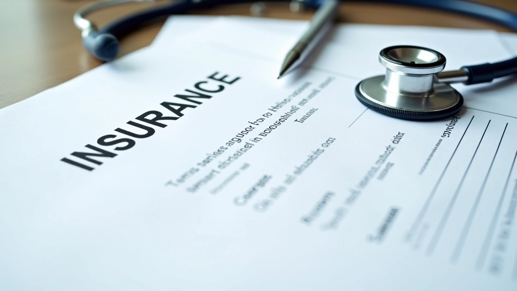 Insurance documents and healthcare coverage paperwork spread on desk with stethoscope and pen, professional medical office se