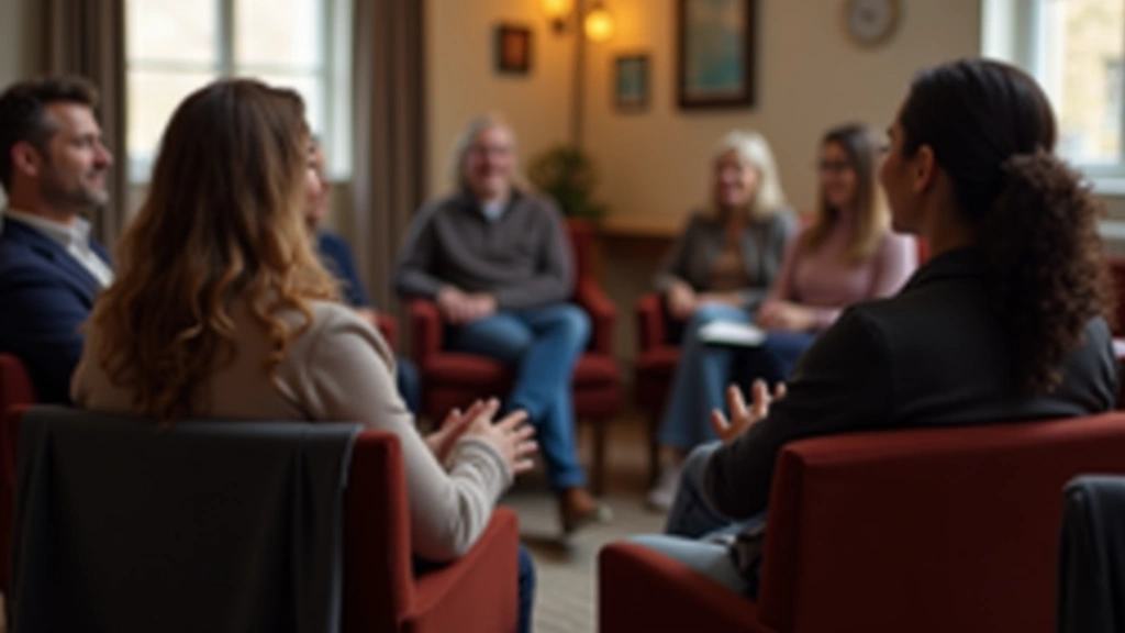 Diverse group of people in mental health support group session sitting in circle chairs, warm lighting, inclusive environment