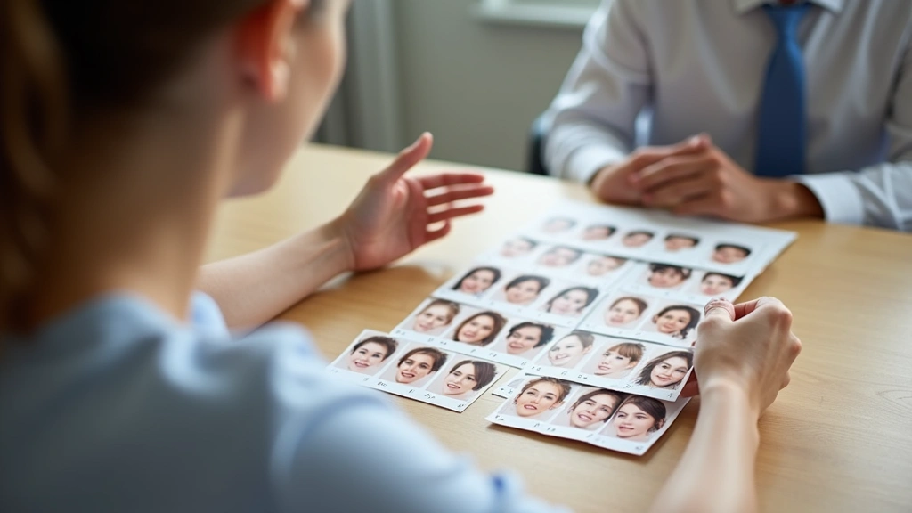 Person in therapy session looking at emotion recognition cards with diverse facial expressions displayed on table, calm clinical setting, natural lighting, therapist visible in background
