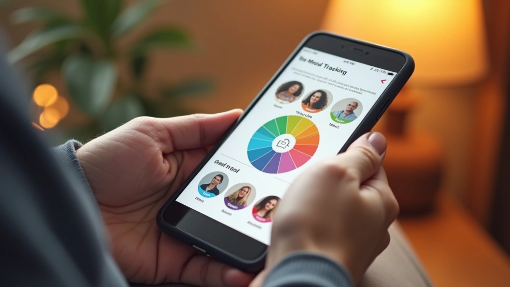 Smartphone screen showing mood tracking app with colorful emotion wheel and mood journal images, hands holding phone, warm ho