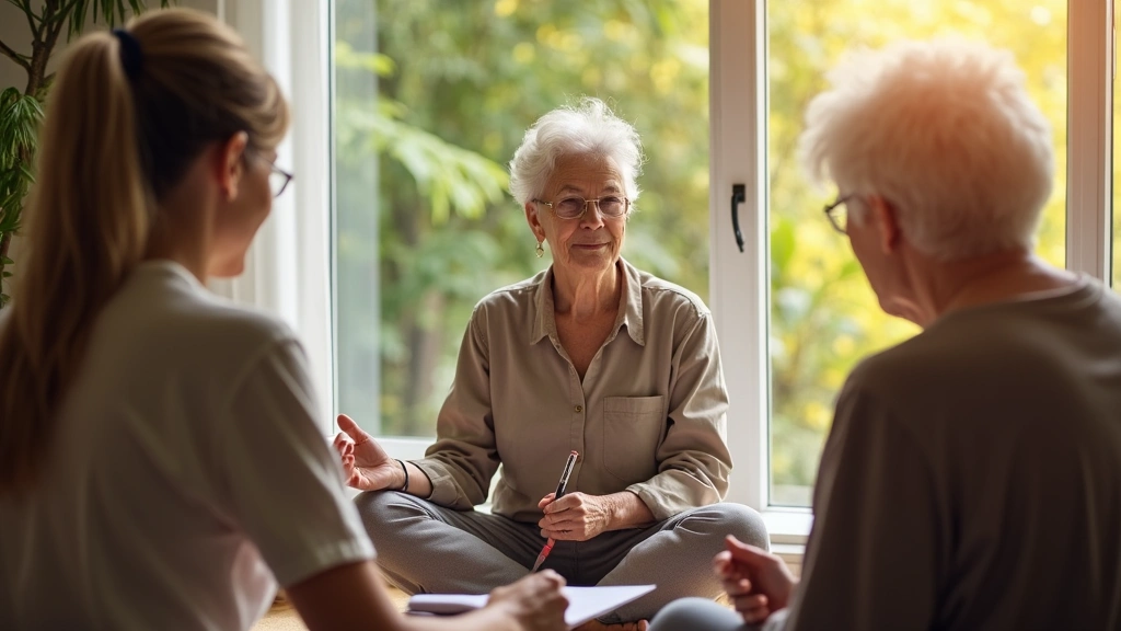 Diverse group of people in supportive environments: young adult meditating outdoors, middle-aged person journaling in sunlit 