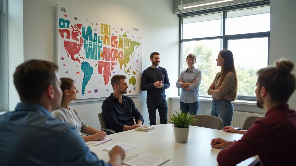 Diverse group of people in a bright modern office break room looking at a colorful mental health awareness poster on the wall, professional setting, natural lighting