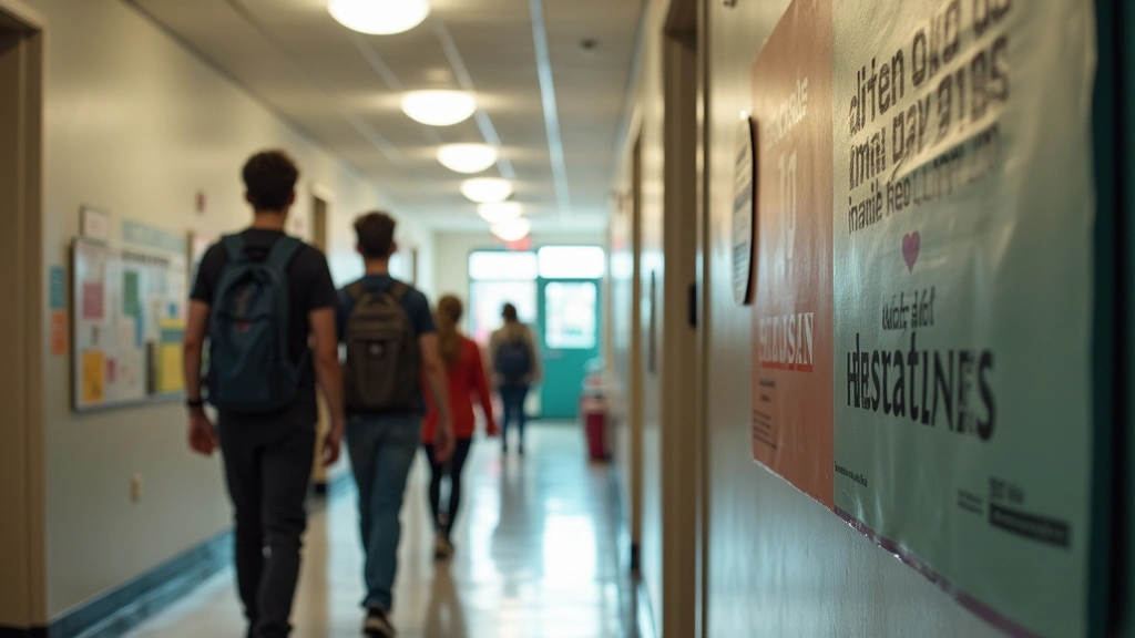 School hallway with students walking past a prominent mental health support poster displaying crisis hotline number 988, educ
