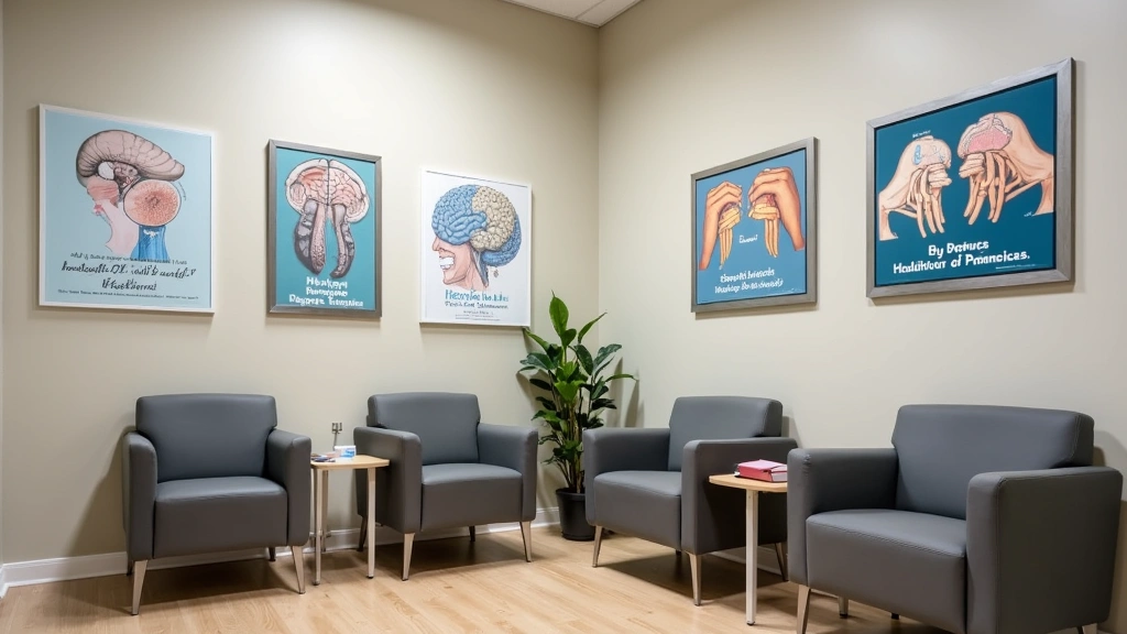 Healthcare clinic waiting room with multiple mental health awareness posters on walls, comfortable seating area, diverse pati