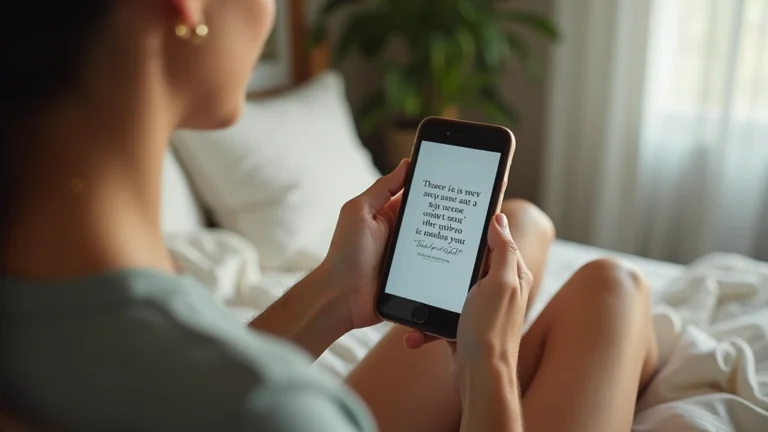 Person reading inspirational quote on phone in calm bedroom environment, soft natural lighting, peaceful expression, morning wellness routine
