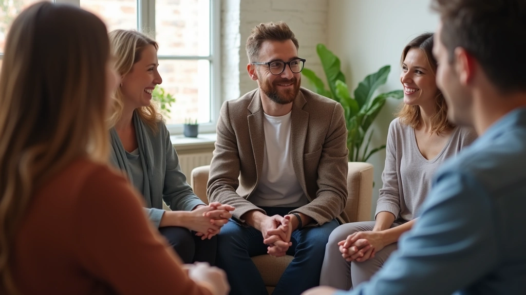 Diverse group in therapy session or support group circle, compassionate body language, warm indoor setting, professional coun