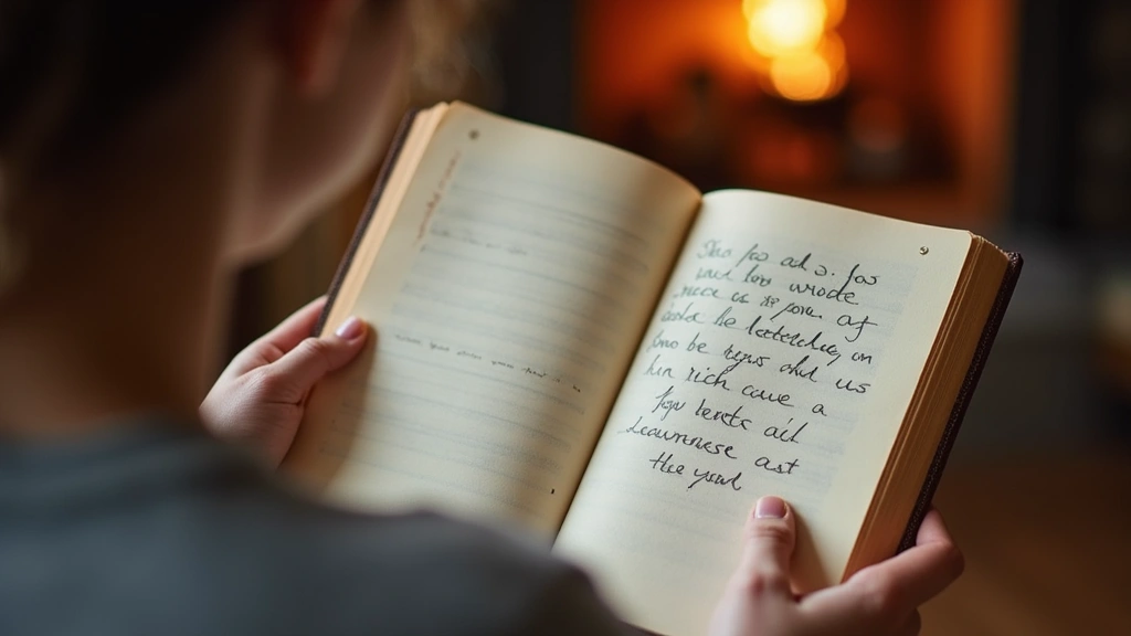Individual journaling with handwritten quote visible, cozy home setting, warm lighting, mindfulness and self-reflection momen