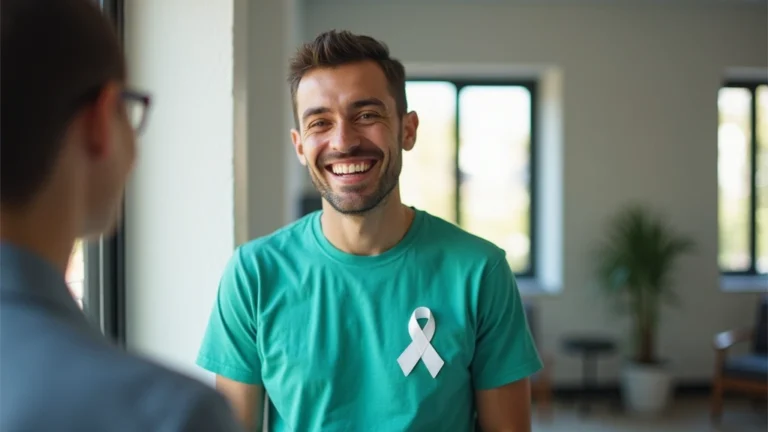 Person wearing a teal mental health awareness shirt in a bright, modern office setting, smiling while talking to a colleague, professional photorealistic