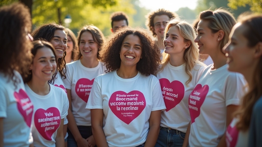 Diverse group of people wearing various mental health advocacy shirts standing together outdoors in natural sunlight, showing