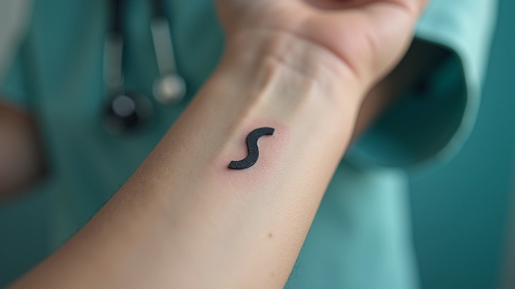 Close-up of semicolon tattoo on wrist, professional lighting, person's arm visible, minimalist design, healthcare setting backdrop