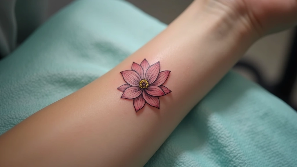 Delicate single-line lotus flower tattoo on forearm, photorealistic medical-quality image, professional setting with soft sha
