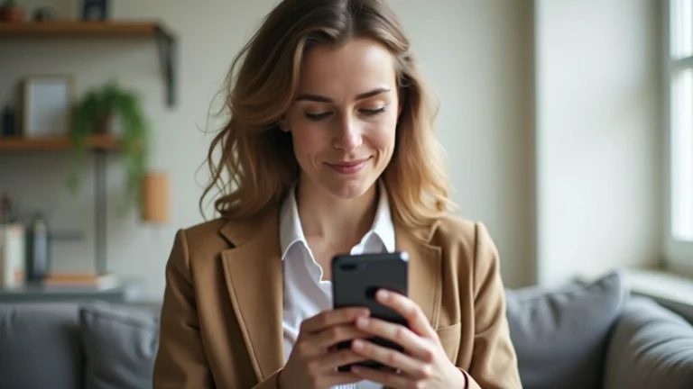 Professional woman using mental health app on smartphone in calm home environment, peaceful expression, natural lighting, modern interior design