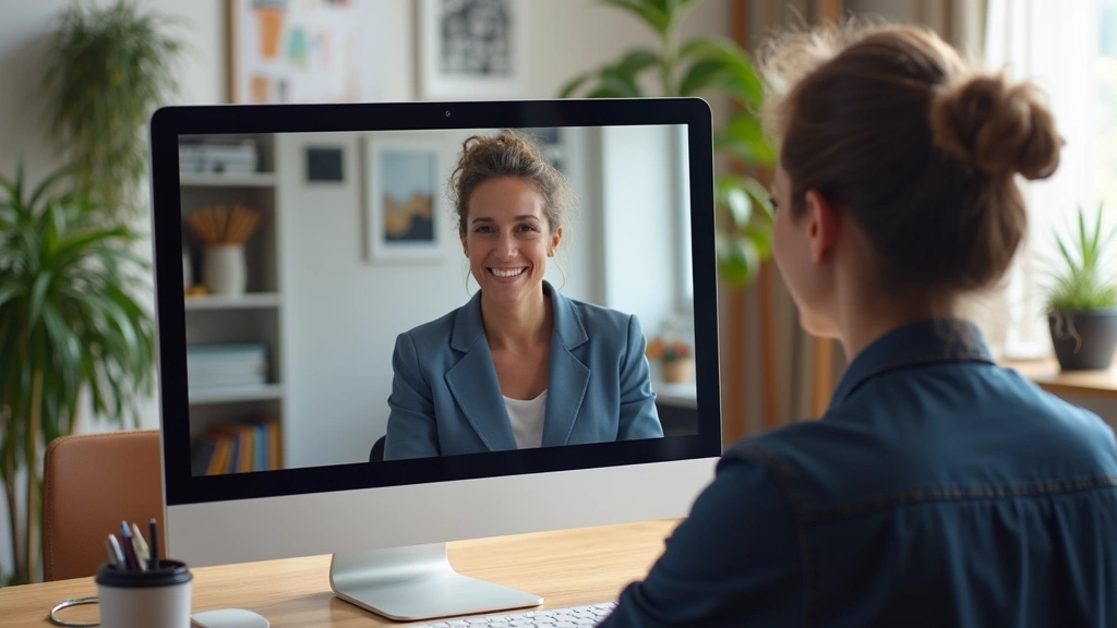 Diverse therapist conducting teletherapy session on computer with patient visible on screen, professional office setting, vid