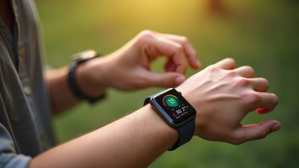 Person wearing smartwatch checking mental health metrics, wellness tracking dashboard displayed on wrist device, outdoor sett