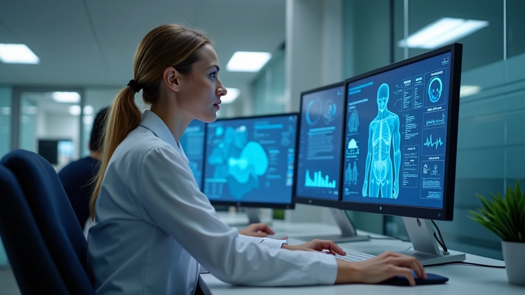 Professional healthcare administrator working at computer in modern medical office, reviewing health data on multiple monitors, focused and professional atmosphere