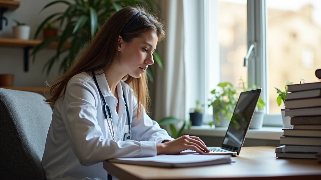 Student studying online health science course on laptop at home desk with medical textbooks nearby, natural lighting, engaged