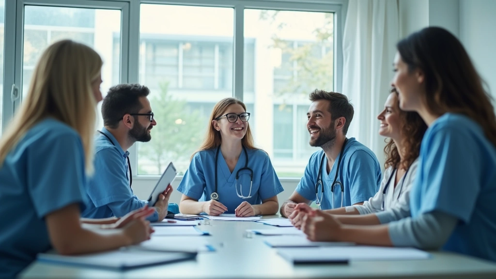 Diverse healthcare team collaborating in hospital conference room during meeting, discussing patient care strategies and heal