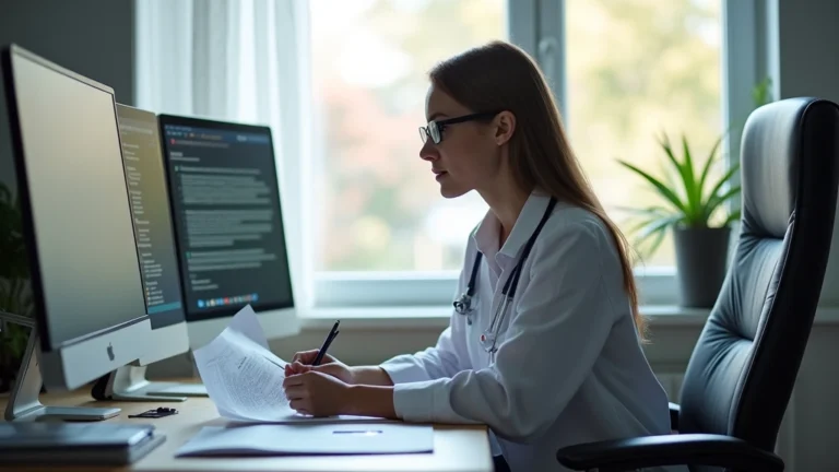 Professional woman working at home office desk with multiple monitors, reviewing insurance documents and claims forms, natural lighting from window, organized workspace with medical reference materials