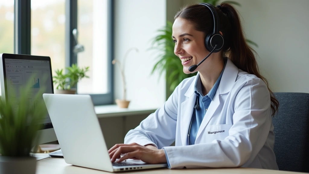 Healthcare insurance specialist in home office environment, taking customer service call using headset, laptop and insurance