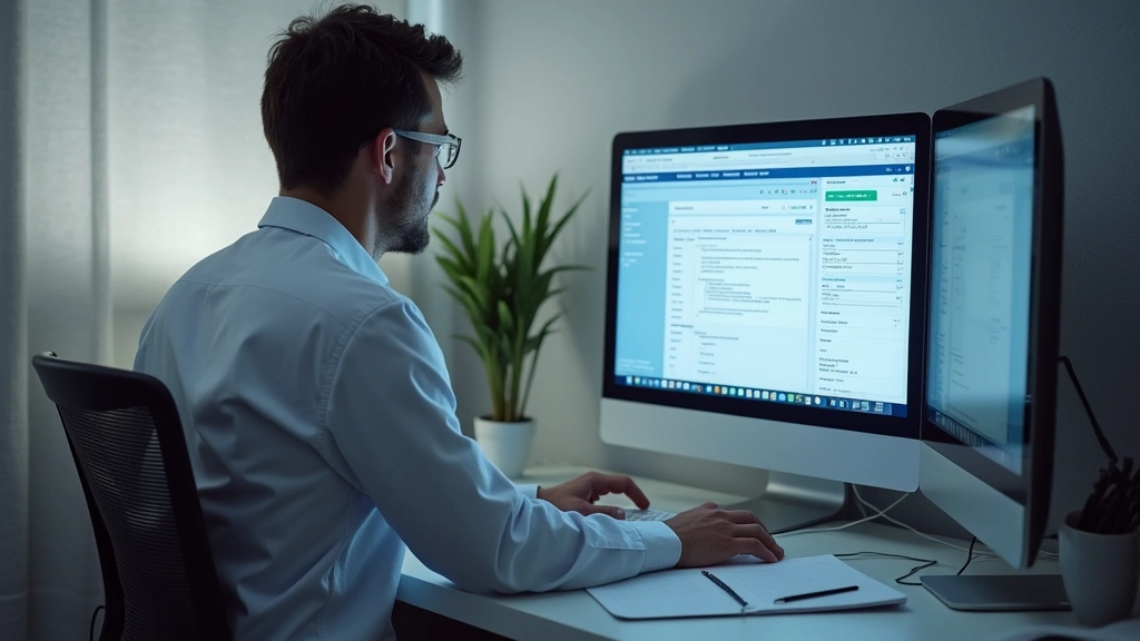 Medical coder working remotely at desk with ICD and CPT coding reference materials, computer displaying healthcare documentat