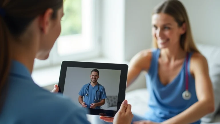 Licensed physical therapist conducting video consultation with patient on tablet, patient performing guided exercises in bright home setting, professional medical setting