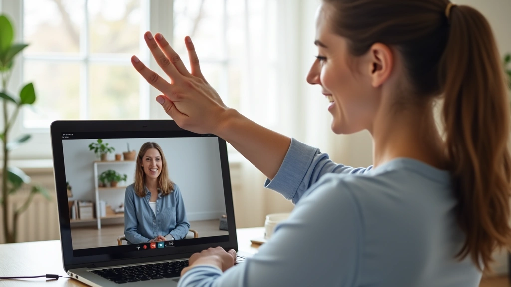 Patient doing stretching exercises at home while therapist guides via video call on laptop, natural lighting, comfortable hom