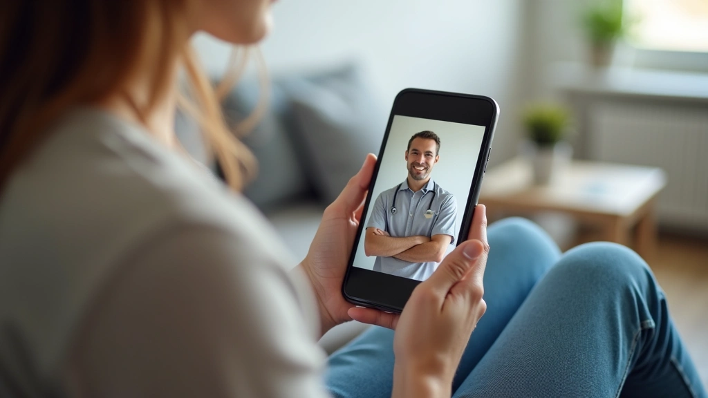 Close-up of patient using smartphone for virtual physical therapy appointment, therapist visible on screen, home healthcare s