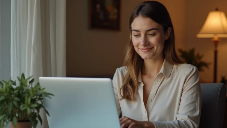 Professional woman in home office during video therapy session on laptop, warm lighting, calm expression, modern minimalist background