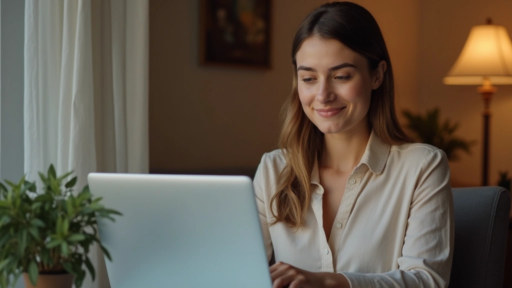 Professional woman in home office during video therapy session on laptop, warm lighting, calm expression, modern minimalist b