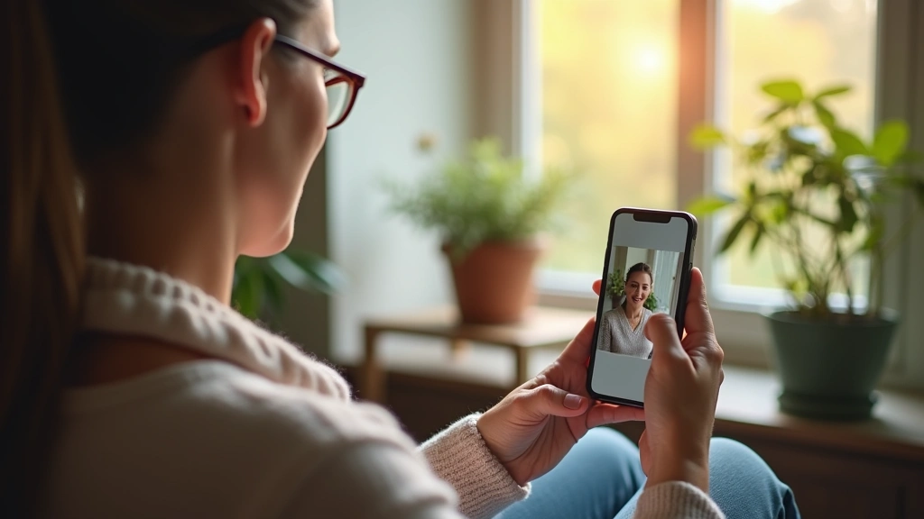 Patient in private home setting using mobile app for mental health appointment, peaceful environment, natural daylight