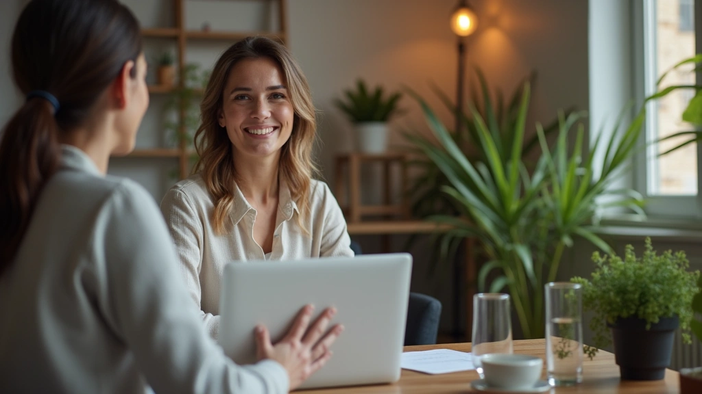 Professional woman therapist conducting a virtual therapy session on video call with patient, modern home office setting with plants, warm lighting, compassionate expression, no text visible