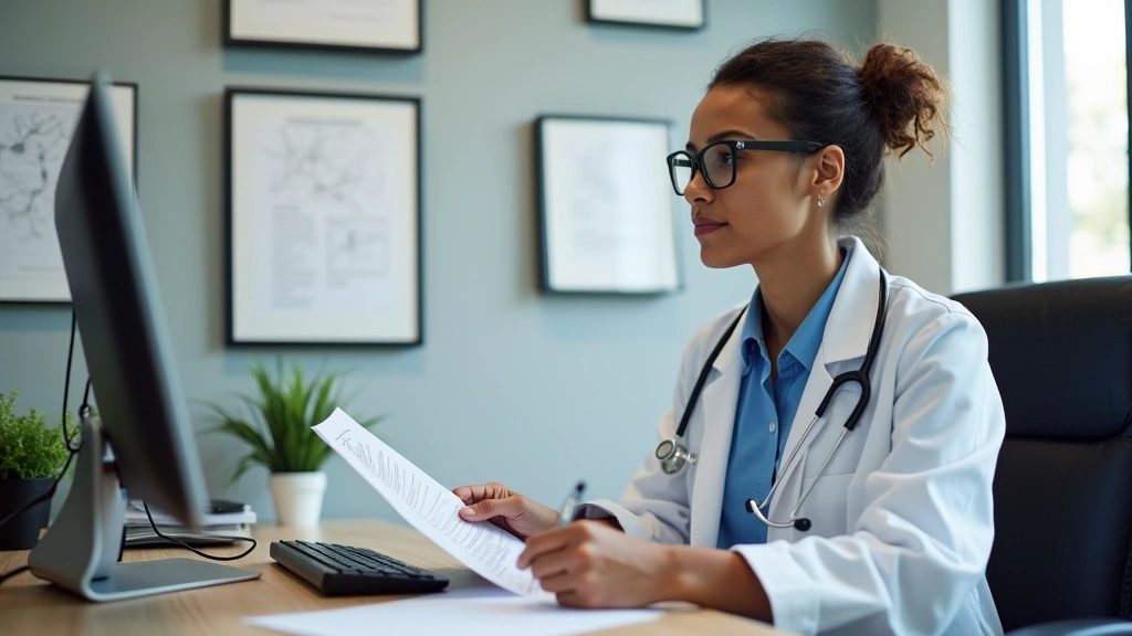 Licensed psychiatrist at desk reviewing patient notes during telehealth consultation, clinical but welcoming office environme