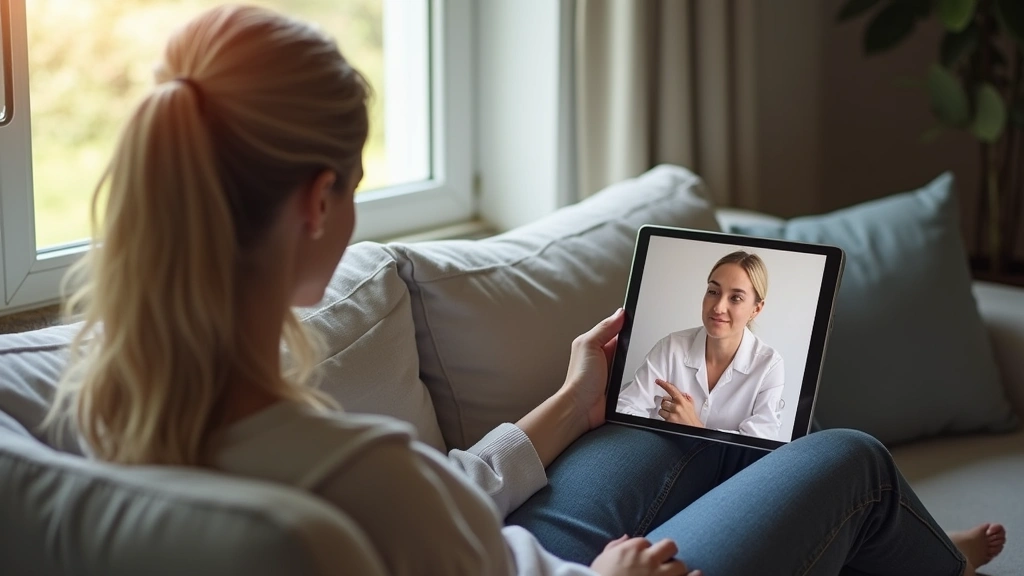 Patient sitting comfortably on couch during video therapy session on tablet, natural lighting from window, peaceful home envi