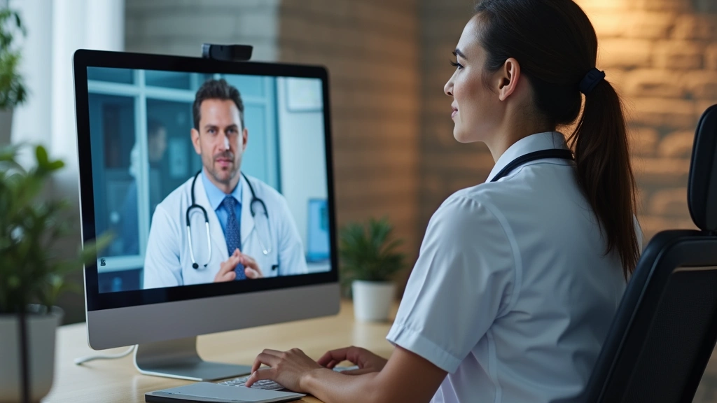 Professional healthcare provider conducting a video consultation on a computer screen, patient visible on monitor, modern medical office background, warm lighting, no text or words visible