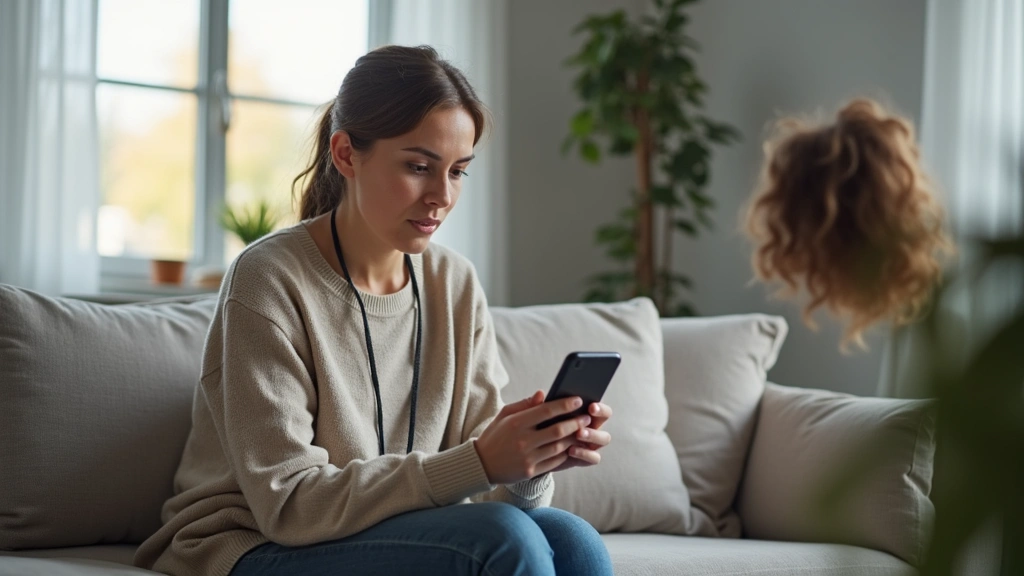 Patient using smartphone for telehealth appointment in home setting, comfortable seated position, modern living room, natural