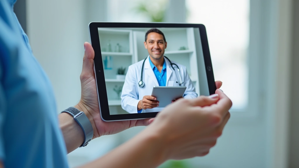Close-up of hands holding tablet showing video call with doctor, healthcare provider visible on screen, professional medical 