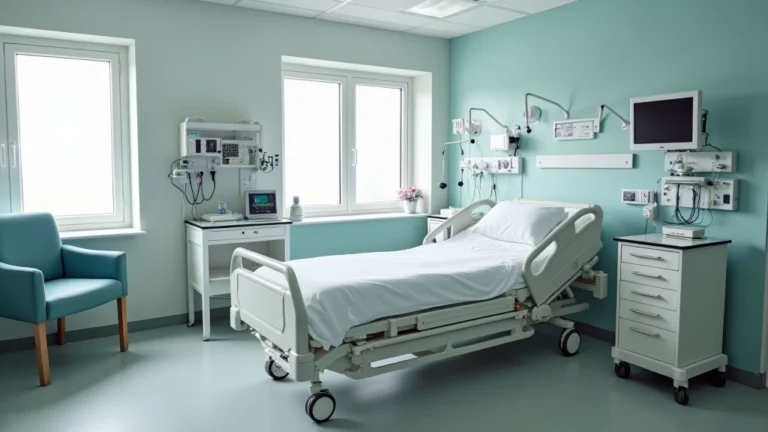 Professional psychiatric hospital patient room with comfortable bed, medical monitoring equipment, and calming neutral décor in a modern healthcare facility setting