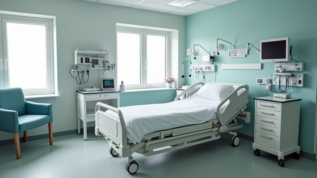Professional psychiatric hospital patient room with comfortable bed, medical monitoring equipment, and calming neutral décor